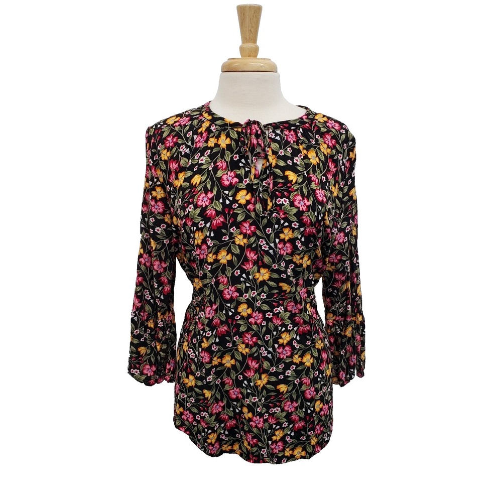 Old Navy Womens XL Black Floral Tie Neck Long Sleeve Lightweight‎ Boho Blouse